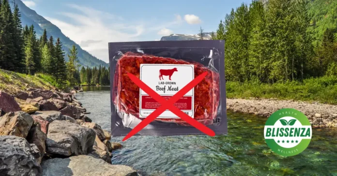 paquete de carne cultivada en laboratorio con una "X" roja encima, con el fondo de un paisaje del Estado de Montana en EE.UU.