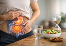 ¿Cómo afecta el ayuno a la digestión y a la salud intestinal? Mujer que se sujeta el abdomen, con una ilustración anatómica luminosa del estómago y los intestinos superpuesta en su zona media, junto a un vaso de agua, un bol de ensalada fresca, almendras y un reloj de arena sobre una mesa de madera.