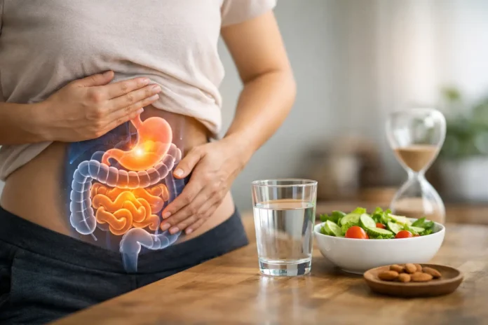 Mujer que se sujeta el abdomen, con una ilustración anatómica luminosa del estómago y los intestinos superpuesta en su zona media, junto a un vaso de agua, un bol de ensalada fresca, almendras y un reloj de arena sobre una mesa de madera.