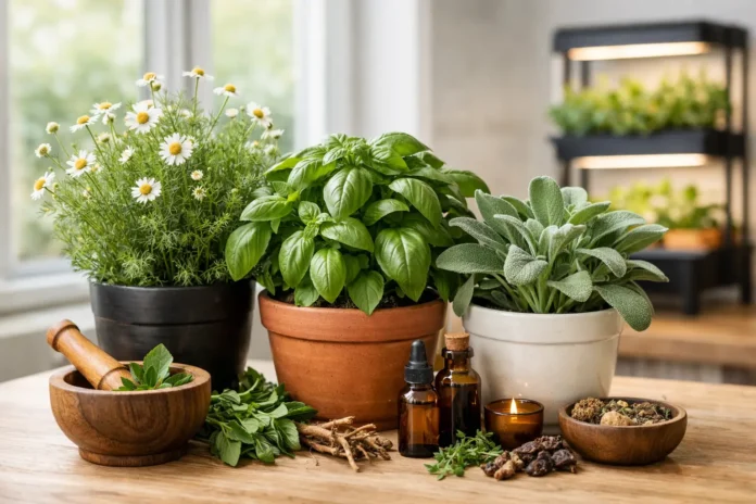 dinstintas hierbas medicinales frescas en macetas y molidas