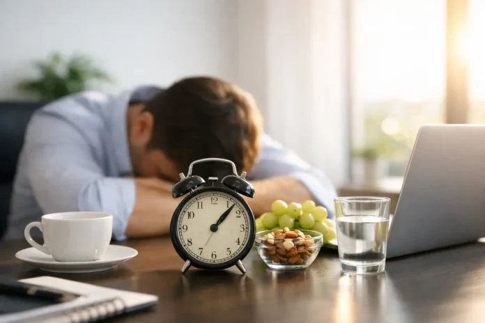 hombre con sueño después de comer el lunch en su trabajo