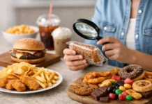 Cómo identificar fácilmente los alimentos ultraprocesados Variedad de alimentos ultraprocesados, incluidos aperitivos envasados y productos procesados, que ilustran cómo identificar alimentos con un alto grado de procesamiento.