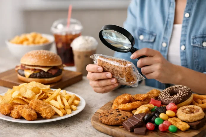 Variedad de alimentos ultraprocesados, incluidos aperitivos envasados ​​y productos procesados, que ilustran cómo identificar alimentos con un alto grado de procesamiento.
