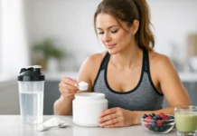 ¿Cuánta creatina deben tomar las mujeres al día? Mujer poniendo creatina en un vaso de agua
