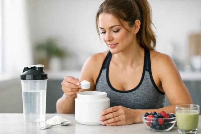 cuanta-creatina-deben-tomar-las-mujeres Mujer poniendo creatina en un vaso de agua