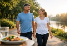 Caminar después de comer: un sencillo reinicio metabólico Una pareja de mediana edad camina junta por un sendero arbolado junto a un lago, con una comida saludable visible en primer plano.