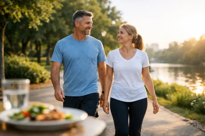 Una pareja de mediana edad camina junta por un sendero arbolado junto a un lago, con una comida saludable visible en primer plano.