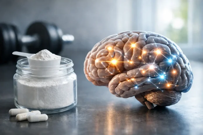 creatina-beneficios-para-cerebro Un frasco de vidrio con creatina en polvo y cápsulas se encuentra junto a un cerebro humano con conexiones neuronales luminosas, simbolizando los beneficios potenciales de la creatina para la salud cerebral y la función cognitiva.