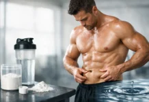 Retención de agua por la creatina: lo que realmente significa para tu cuerpo Un hombre musculoso en el gimnasio examina su abdomen mientras está de pie junto a un vaso mezclador, agua y creatina en polvo, ilustrando el uso de la creatina y la posible retención de líquidos.