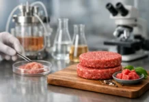 ¿Es segura la carne cultivada en laboratorio? Por qué preferimos la carne real Hamburguesas de carne cultivada en laboratorio sobre una tabla de cortar de madera, con muestras de carne cultivada, recipientes de vidrio y un microscopio al fondo.