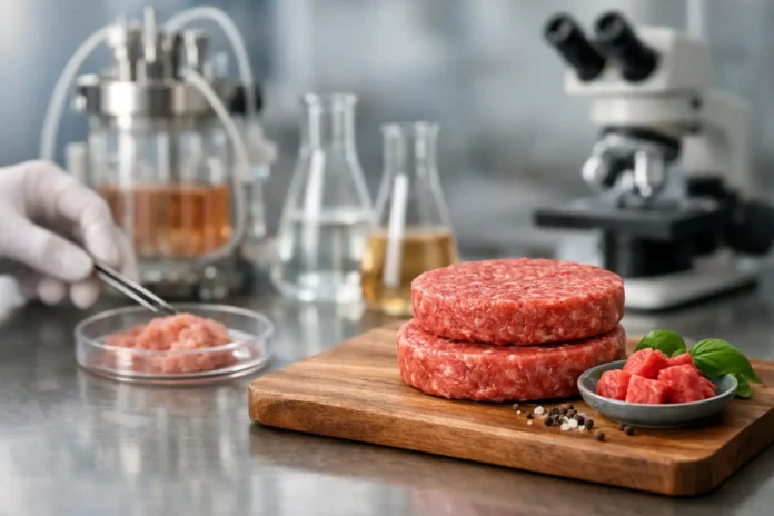 Hamburguesas de carne cultivada en laboratorio sobre una tabla de cortar de madera, con muestras de carne cultivada, recipientes de vidrio y un microscopio al fondo.