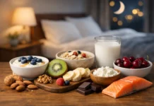 Los 10 mejores alimentos para comer antes de dormir Alimentos saludables para consumir por la noche, como yogur con arándanos, avena, leche, cerezas, kiwi, plátanos, frutos secos, queso cottage, chocolate negro y salmón, dispuestos sobre una mesa de madera en un dormitorio acogedor.