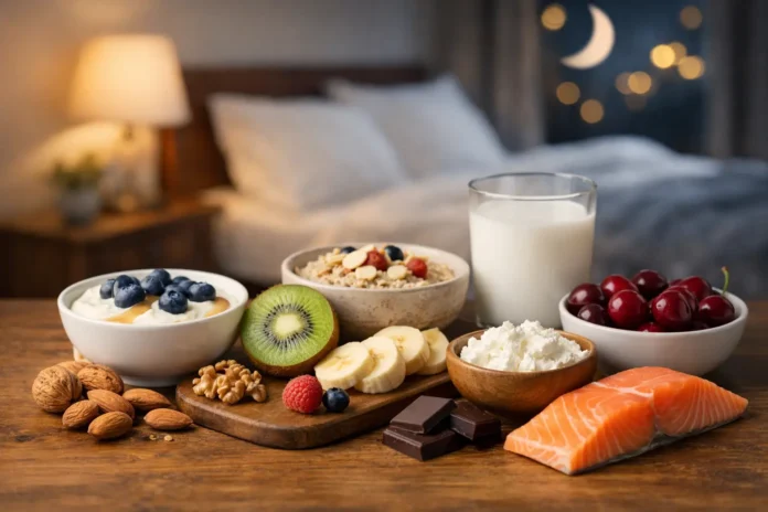 Alimentos saludables para consumir por la noche, como yogur con arándanos, avena, leche, cerezas, kiwi, plátanos, frutos secos, queso cottage, chocolate negro y salmón, dispuestos sobre una mesa de madera en un dormitorio acogedor.