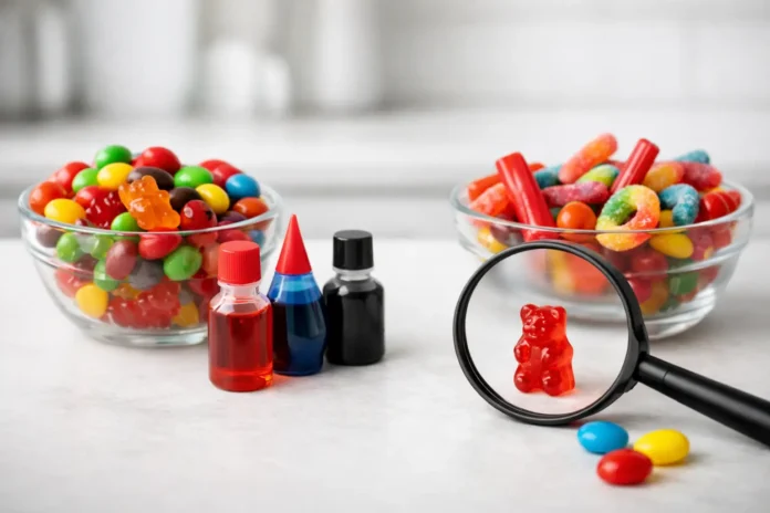 Platos con dulces de colores vivos y frascos de colorante alimentario rojo y azul, junto a una lupa que resalta una gominola roja, ilustrando el uso de colorantes artificiales en alimentos procesados ​​coloridos.